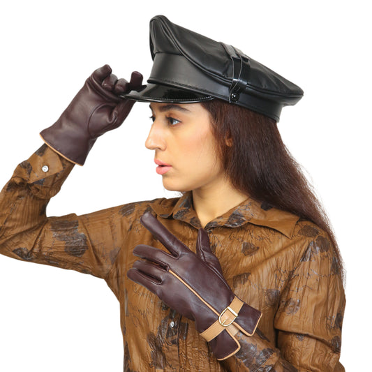 Classy women's mehroon leather gloves - fine soft and smooth nappa lamb leather - warm winter gloves, cashmere lined gloves