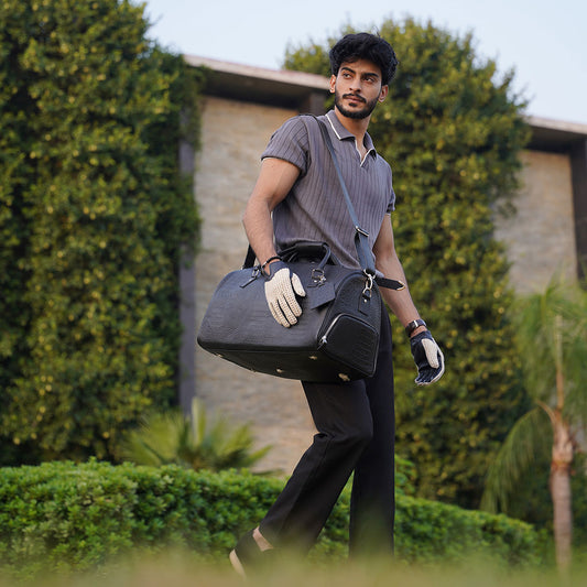 Personalized Black Crocodile Leather Duffle Bag: Travel Weekender, Gym Holdall