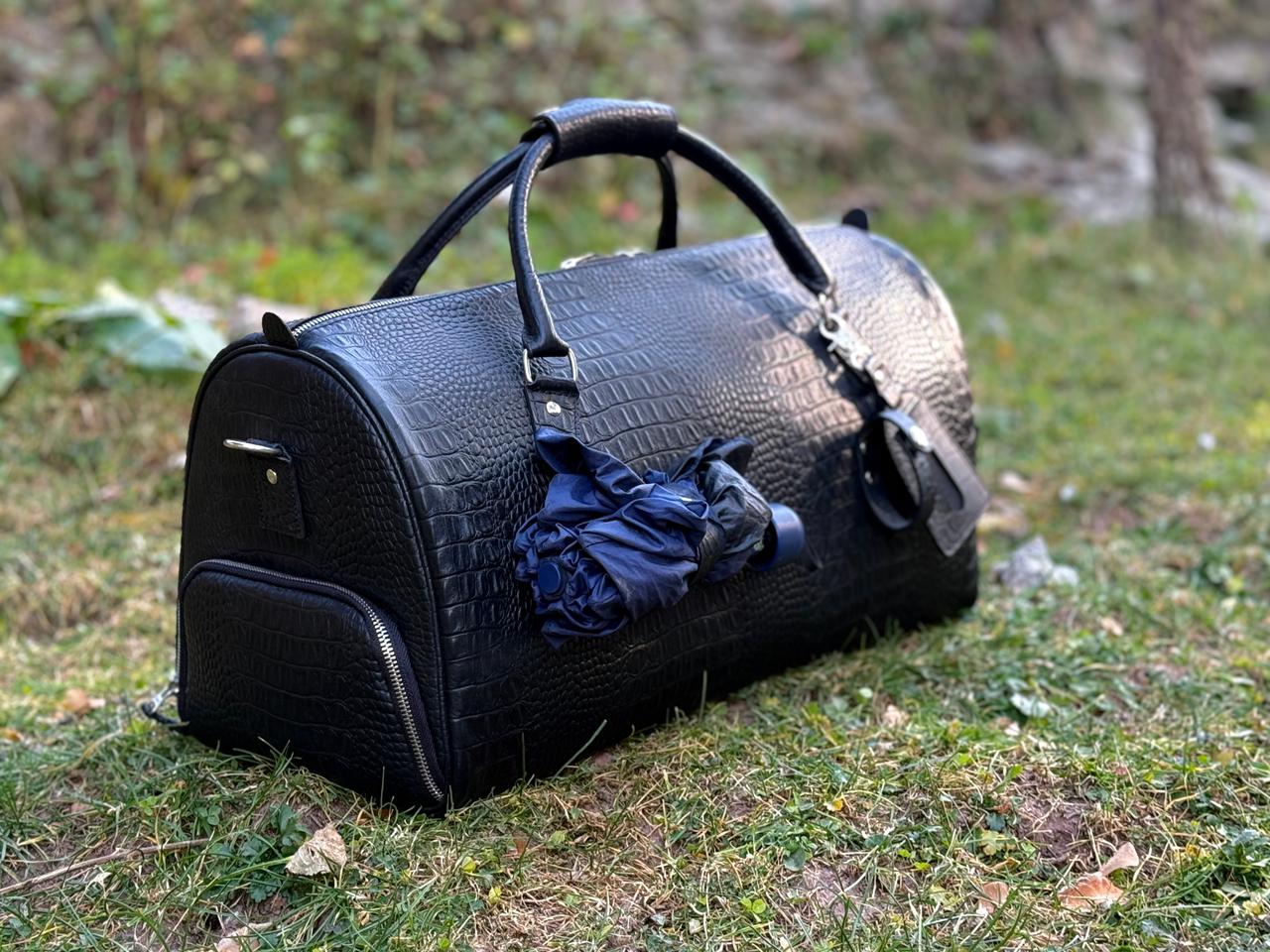 Personalized Black Crocodile Leather Duffle Bag: Travel Weekender, Gym Holdall