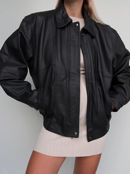 Ladies Classic black Leather Bomber jacket