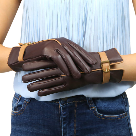 Classy women's mehroon leather gloves - fine soft and smooth nappa lamb leather - warm winter gloves, cashmere lined gloves