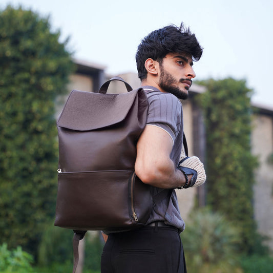 Personalized Brown Leather Roll-Top Backpack — Travel & Laptop Bag