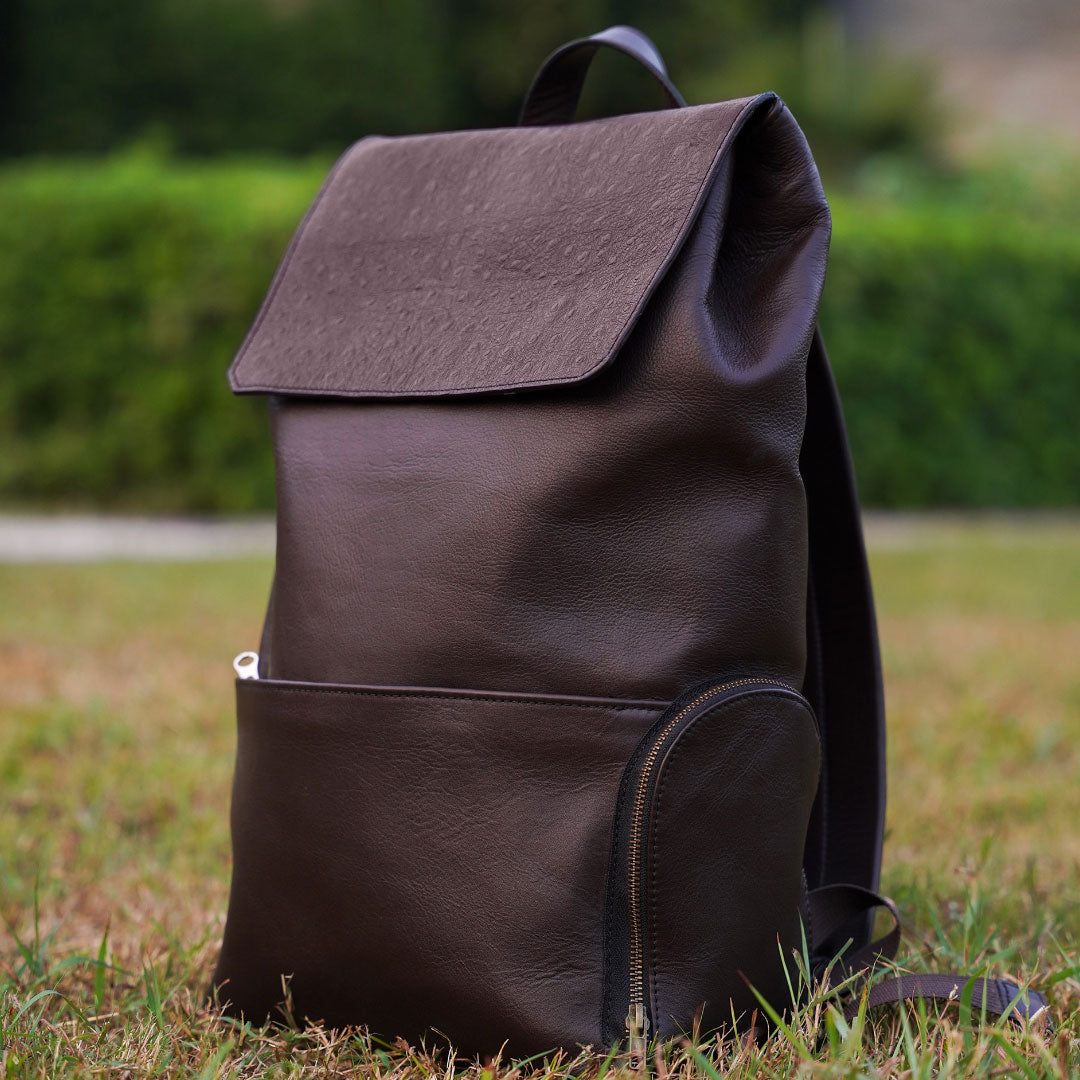 Personalized Brown Leather Roll-Top Backpack — Travel & Laptop Bag