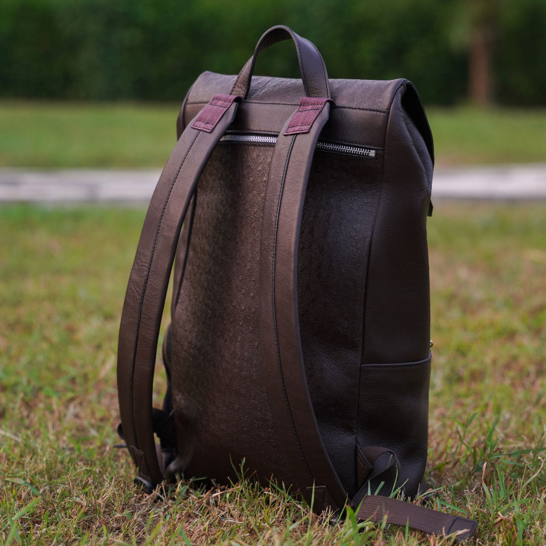 Personalized Brown Leather Roll-Top Backpack — Travel & Laptop Bag
