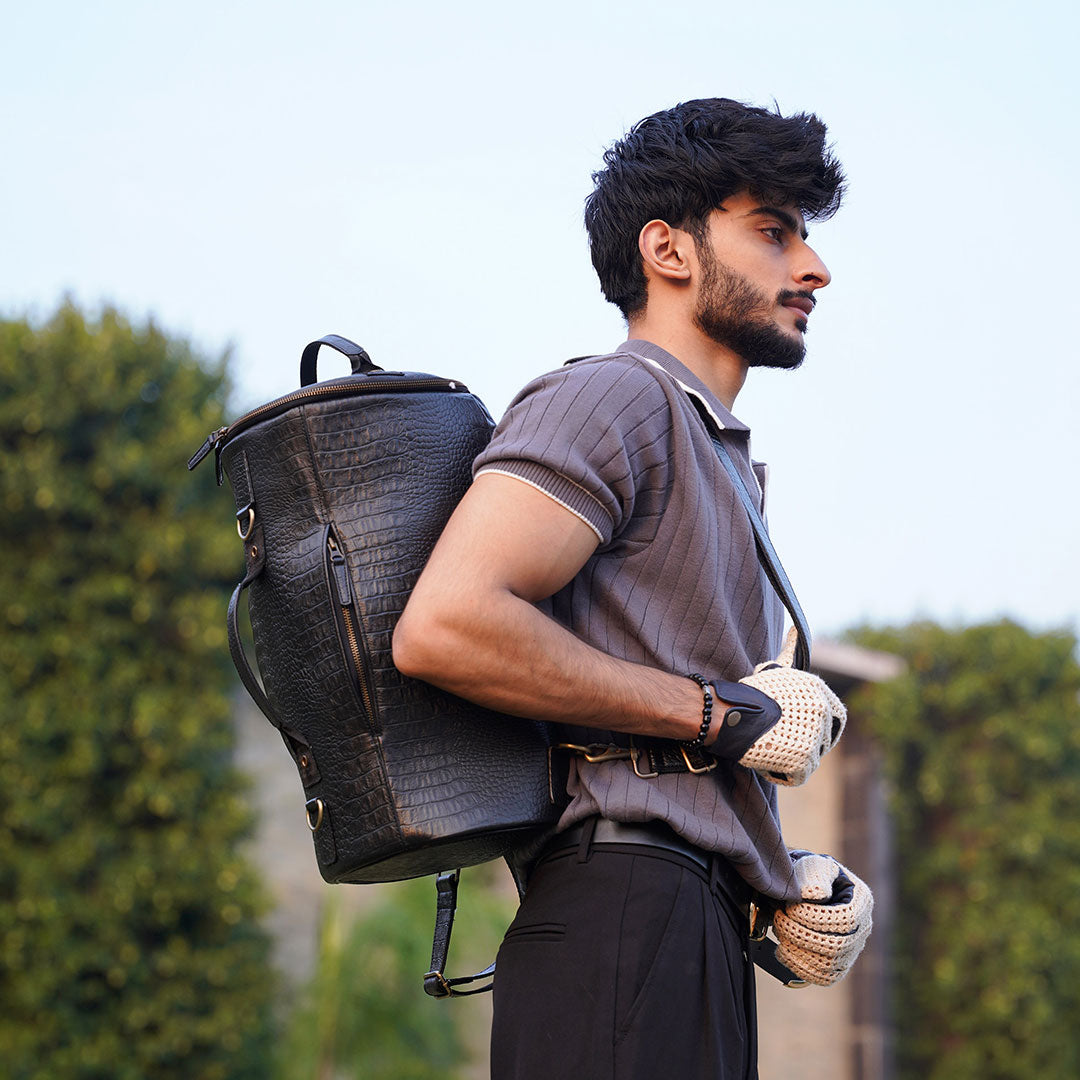 Personalized Brown Leather Roll-Top Backpack — Unisex Travel & Laptop Bag.