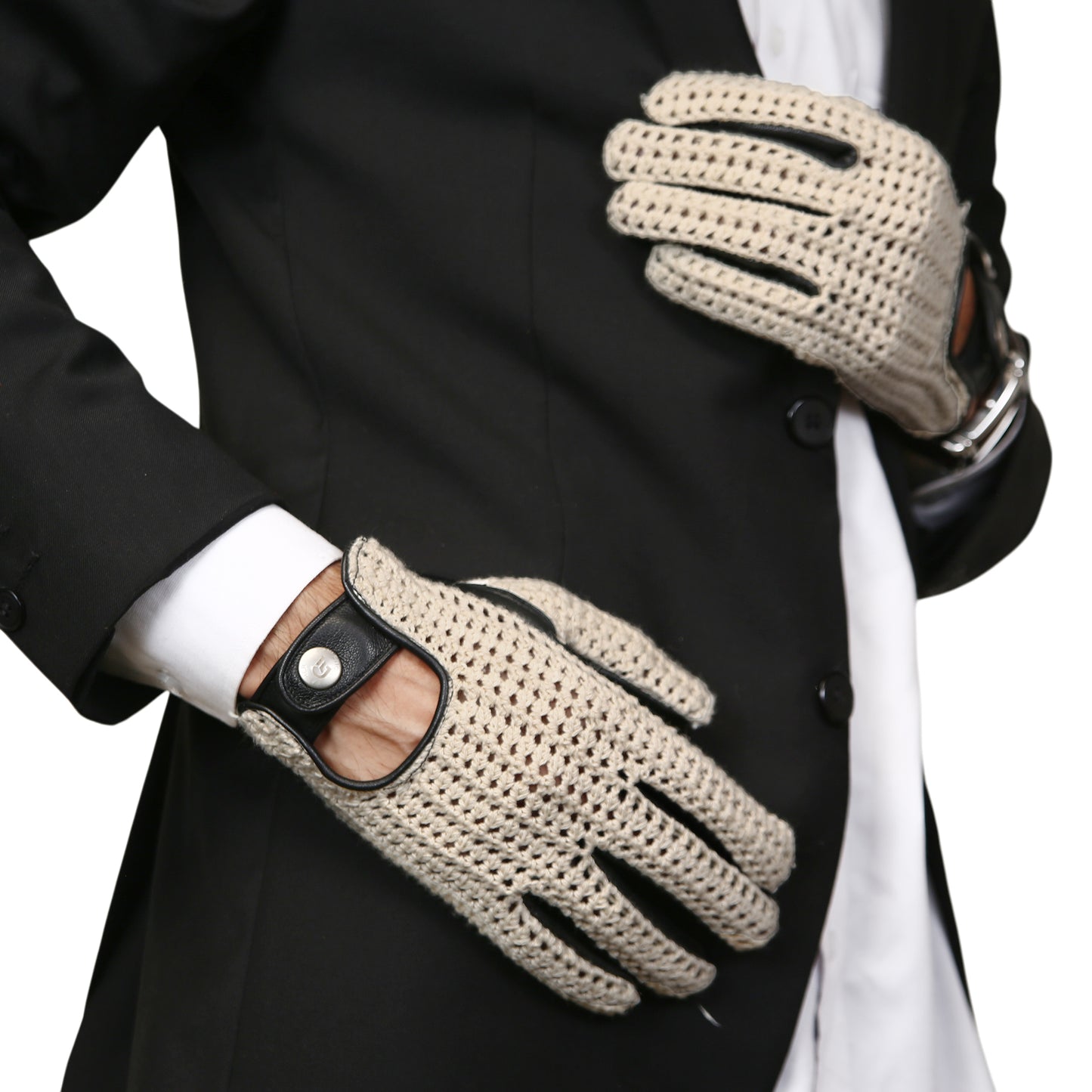 Men`s Real Leather Driving Gloves Retro Style Full Finger Crochet Back Chauffeur