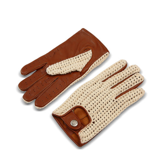 Men`s Real Leather Driving Gloves Retro Style Full Finger Crochet Back Chauffeur