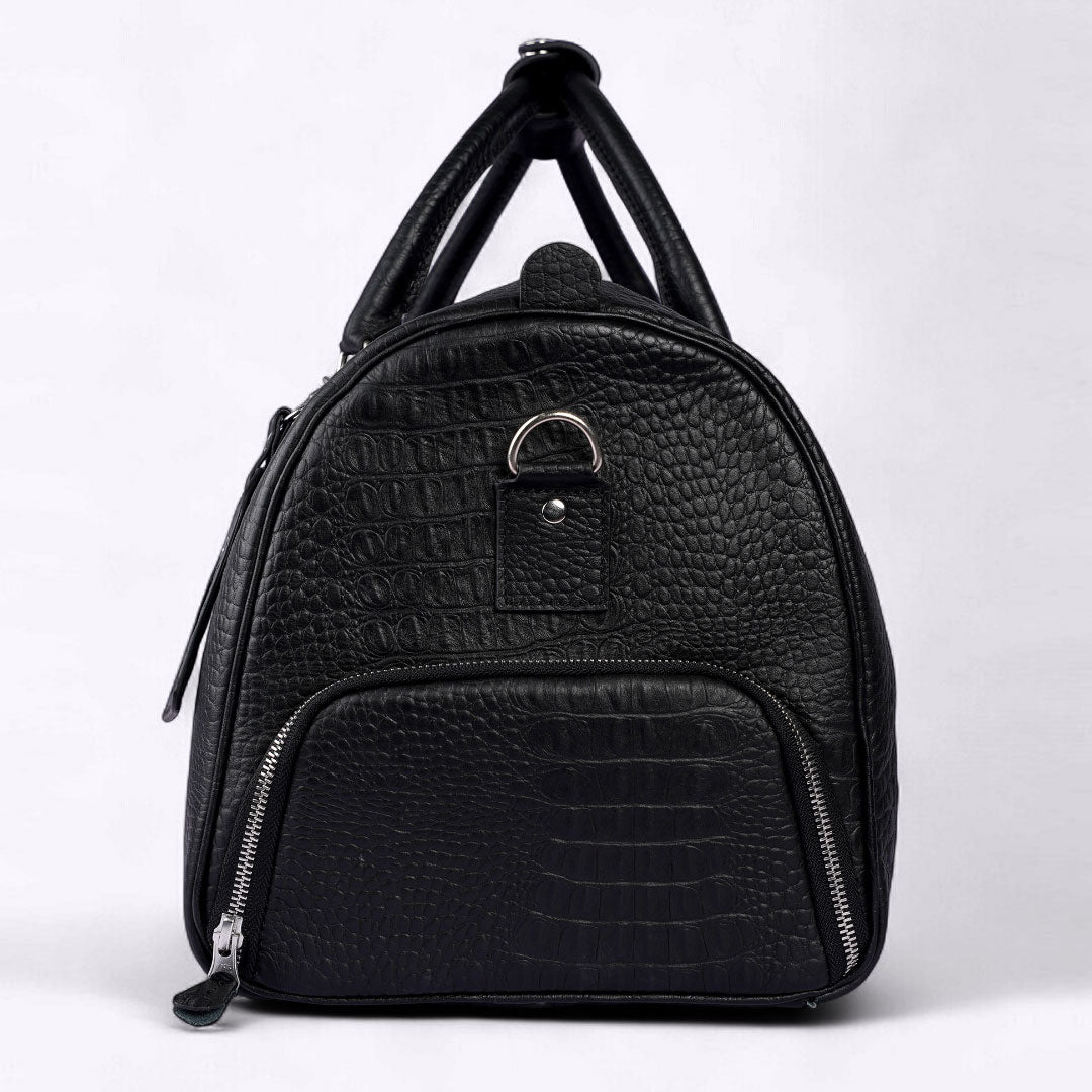 Personalized Black Crocodile Leather Duffle Bag: Travel Weekender, Gym Holdall