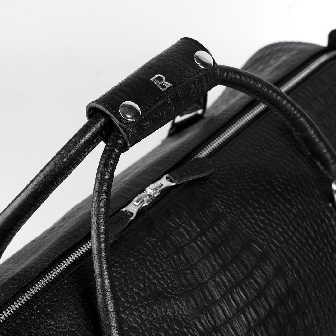 Personalized Black Crocodile Leather Duffle Bag: Travel Weekender, Gym Holdall